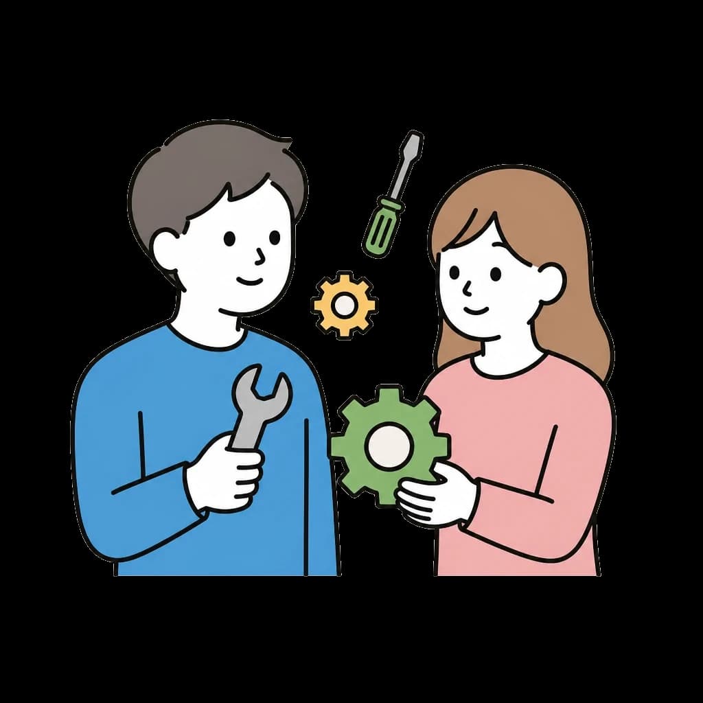 レンチと歯車で設備を維持する二人のイラスト