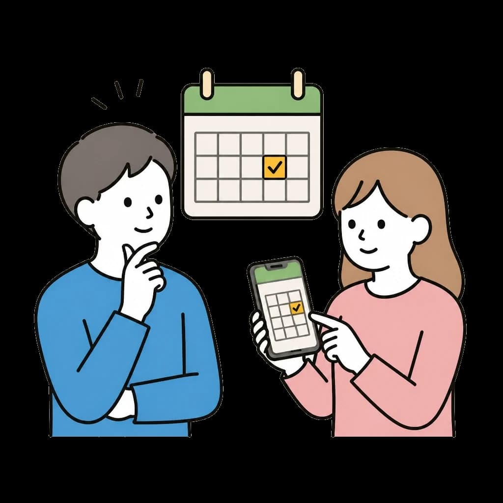カレンダーとスマホで予約する二人のイラスト