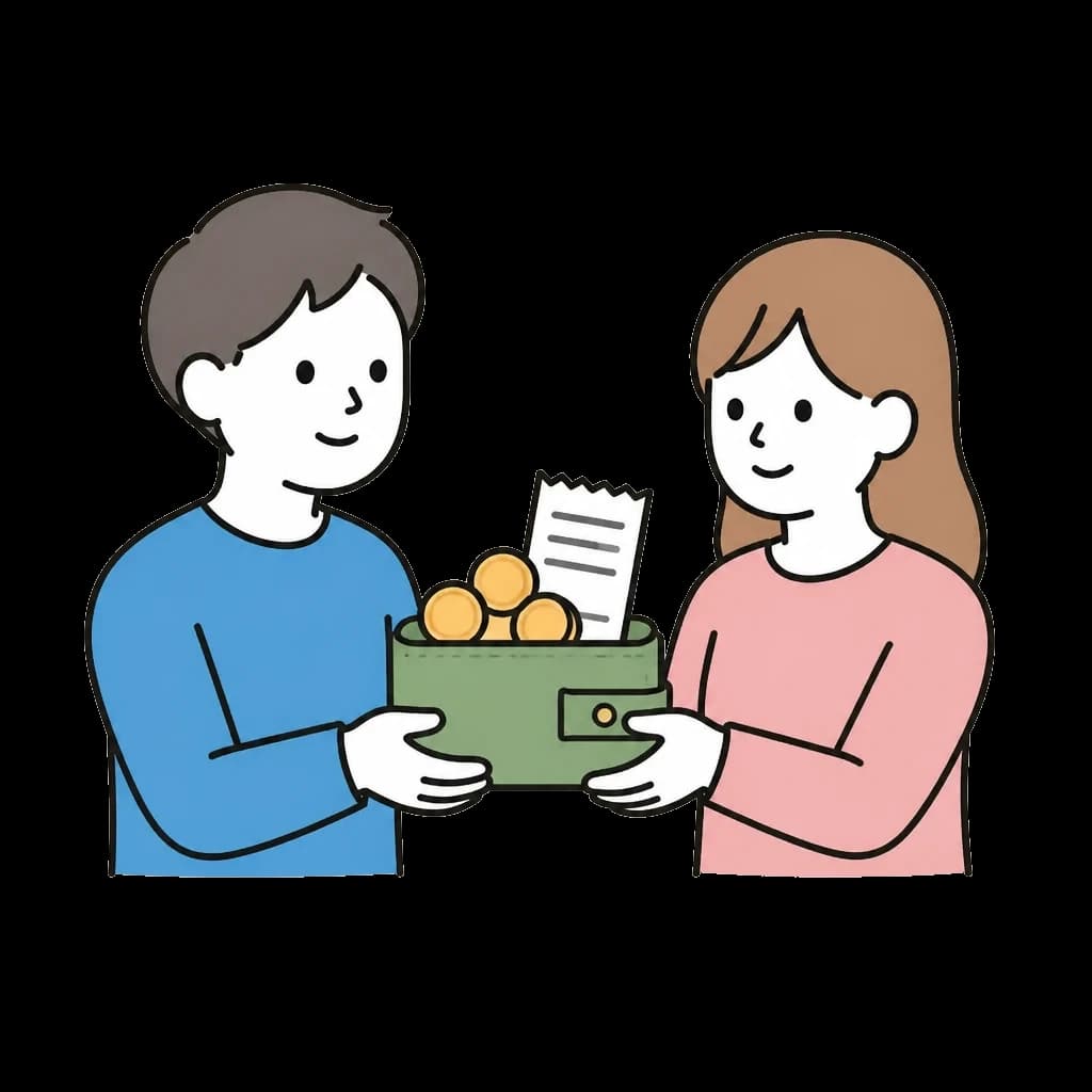 購入費用と初期費用を分け合う二人のイラスト