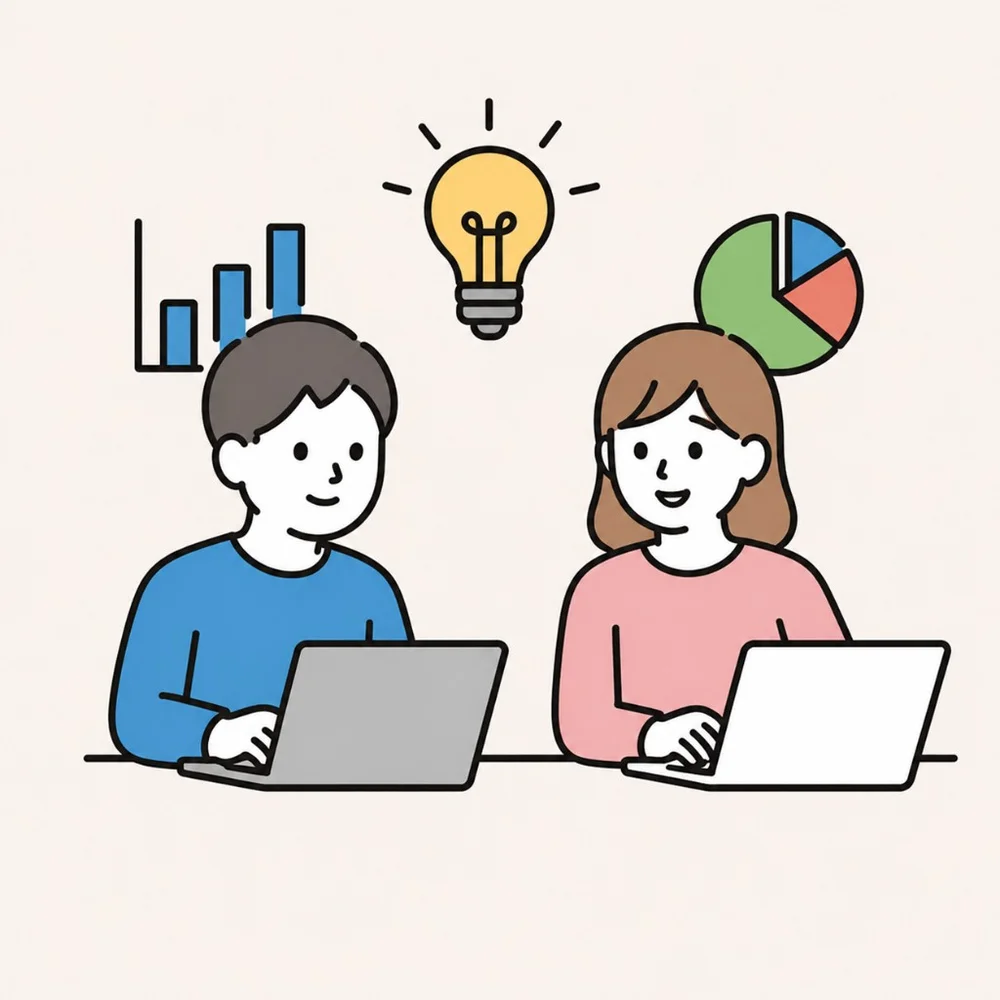 ノートパソコンで新しい事業に取り組む二人のイラスト