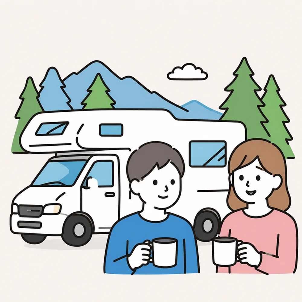 山を望むキャンピングカーの前でくつろぐ二人のイラスト