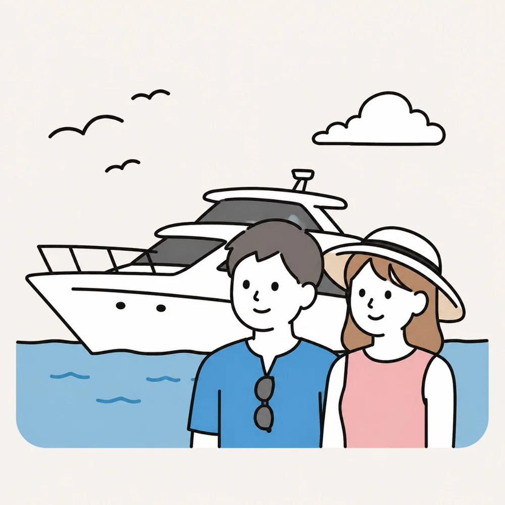 海に浮かぶクルーザーを背にした二人のイラスト
