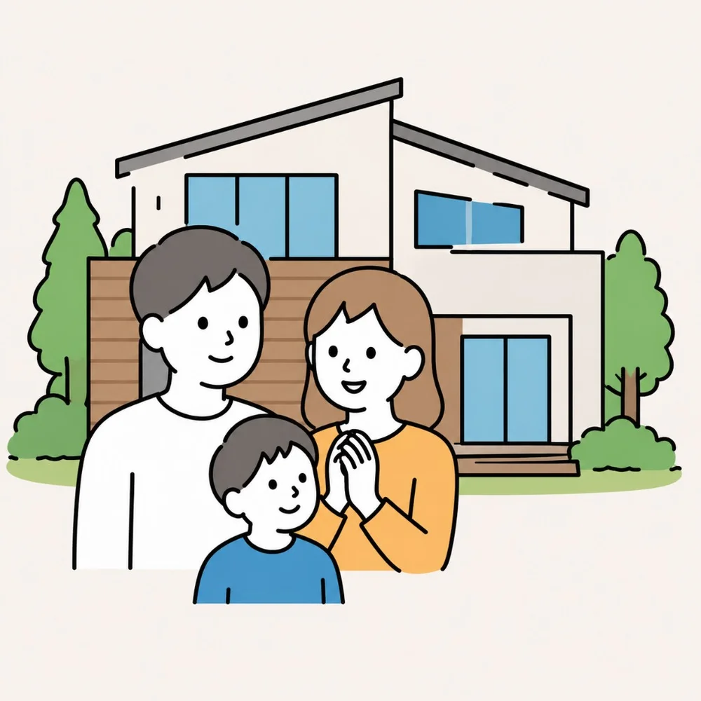 住まいの前に立つ家族三人のイラスト