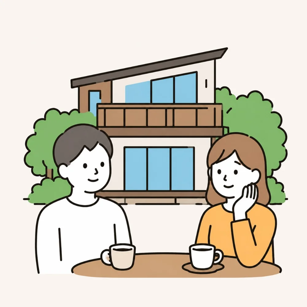 別荘のテラスでコーヒーを飲む二人のイラスト